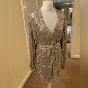 Zara. Size M (fits 6-8), Silver Sequin Wrap Dress